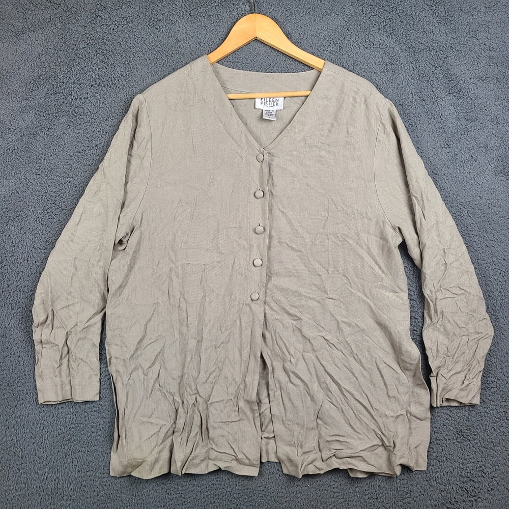 Eileen Fisher 100% Silk Button Front V-Neck Top Khaki Tan Size L RN 78121